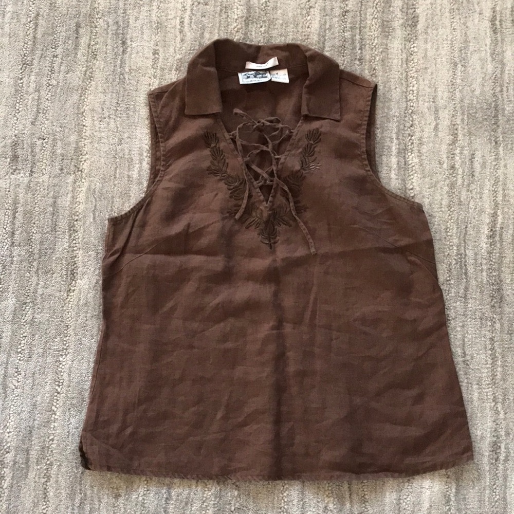 Edward brand brown Irish Linen sleeveless embroidered top, size M